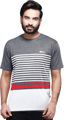 CARLTRON Striped Men Round Neck Grey T-Shirt