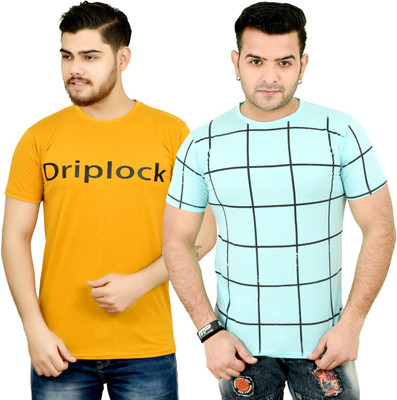 Driplock Typography, Checkered Men Round Neck Multicolor T-Shirt