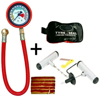 Maacfly Analog Tire Pressure Gauge Analog 200PSI Tire Pressure Gauge withhose WITH Tubeless Tyre Puncture RepairKit(200 PSI)