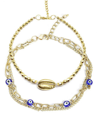 fabula Combo of 2 Gold Tone Evil Eye GoodLuck Multi Layer Link Chain Metal, Alloy, Metal Anklet(Pack of 2)