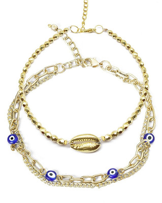 Oomph Combo of 2 Gold Tone Evil Eye GoodLuck Multi Layer Link Chain Metal, Alloy, Metal Anklet(Pack of 2)