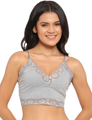 N-gal Ruched Lace Crop Top Bralette Women Full Coverage Non Padded Bra(Grey)