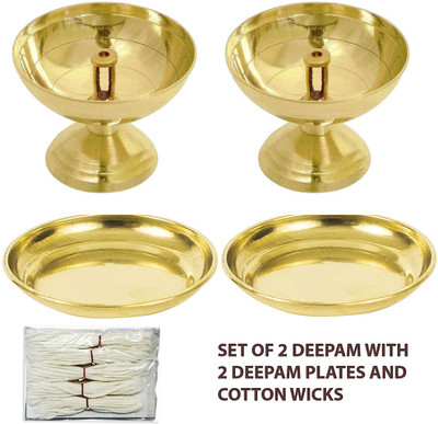 FRAMTASTIC Pure Brass Akhand Diya for Puja Temaple Decoration/Diya Stand Oil Lamp Brass (Pack of 2) Table Diya Set(Height: 2 inch)