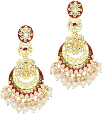 fabula Red & Green Meenakari with Kundan and Pearls Ethnic Pearl, Mother of Pearl Metal Chandbali Earring