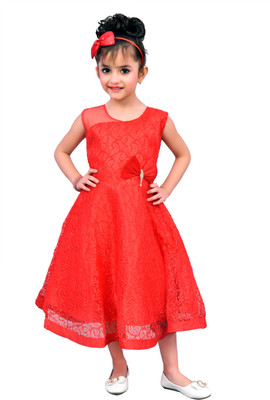 Arshia Fashions Girls Midi/Knee Length Party Dress(Red, Sleeveless)