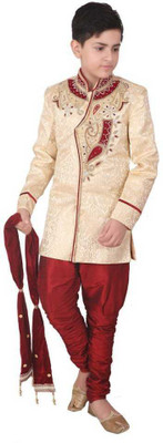 Qitty Boys Festive & Party Sherwani and Churidar Set(Maroon Pack of 1)