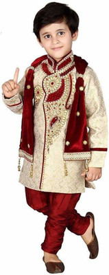 Qitty Boys Festive & Party Sherwani and Churidar Set(Maroon Pack of 1)