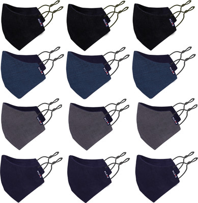 BILDOS 3 Layer Super Breathable Pure Cotton Dark Colored Mask With Adjustable Earloop Cloth Mask With Melt Blown Fabric Layer(Multicolor, Free Size, Pack of 12)