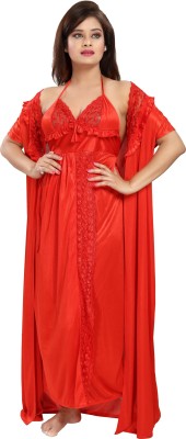 Romaisa Women Nighty with Robe(Red)