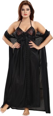 Romaisa Women Nighty with Robe(Black)