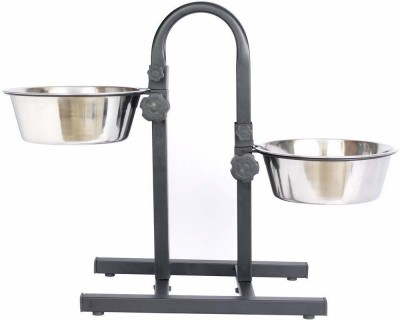 Rvpaws Adjustable Stainless Steel Double Diner Food & Water Feeding Bowls Round Stainless Steel Pet Bowl(500 ml Silver)