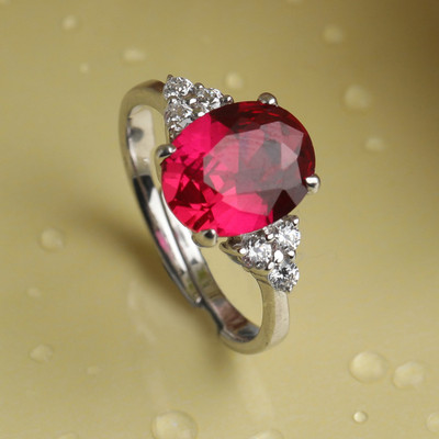 CLARA Blood Red Oval Adjustable Ring Sterling Silver Cubic Zirconia Rhodium Plated Ring