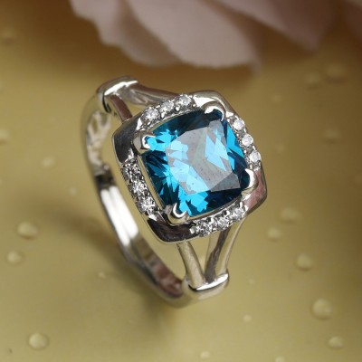 CLARA Sky Blue Cushion Adjustable Ring Sterling Silver Cubic Zirconia Rhodium Plated Ring