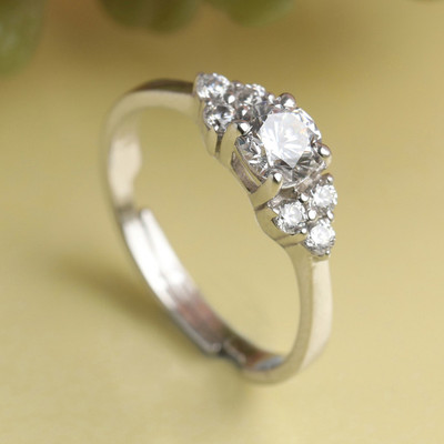 CLARA Cute Ring with Adjustable Band Sterling Silver Cubic Zirconia Rhodium Plated Ring