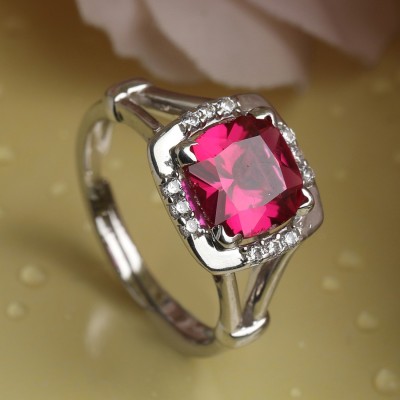 CLARA Blood Red Cushion Adjustable Ring Sterling Silver Cubic Zirconia Rhodium Plated Ring