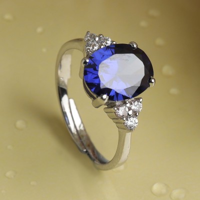 CLARA Royal Blue Oval Adjustable Ring Sterling Silver Cubic Zirconia Rhodium Plated Ring