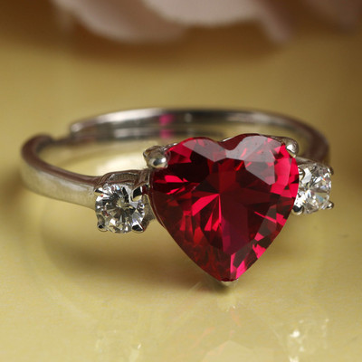 CLARA Blood Red Heart Adjustable Ring Sterling Silver Cubic Zirconia Rhodium Plated Ring