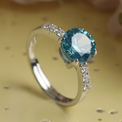 CLARA Sky Blue Eye Adjustable Ring Sterling Silver Cubic Zirconia Rhodium Plated Ring
