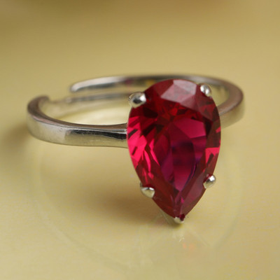 CLARA Blood Red Tear Adjustable Ring Sterling Silver Cubic Zirconia Rhodium Plated Ring