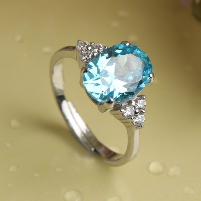 CLARA Sky Blue Oval Adjustable Ring Sterling Silver Cubic Zirconia Rhodium Plated Ring