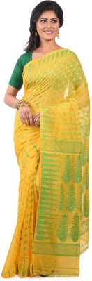 RUPANJALI Temple Border Jamdani Cotton Blend Saree(Yellow)