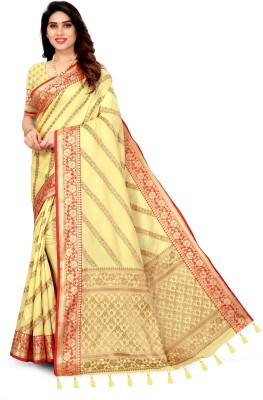 COSBILA FASHION Woven Banarasi Cotton Silk Saree(Red, Yellow)