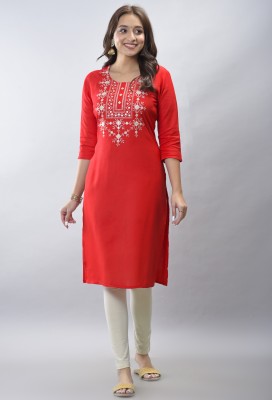 Stylum Stitch Women Embroidered Straight Kurta(Red)