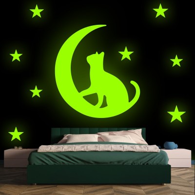 Ashamohar 29 cm Glow in The Dark Cat Big Size Moon Stars for Ceiling or Wall Stickers Self Adhesive Sticker(Pack of 1)