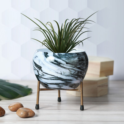 homspurts Beautiful 6 inches White Marble Design Metal Desk Tabletop Pot With Stand Plant Container Set(Metal)