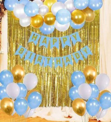 ADORNIO Solid HAPPY BIRTHDAY BLUE BANNER 1 pc+ curtain 2 pcs+ 30 pcs Metallic balloons Balloon(Gold, White, Blue, Pack of 33)