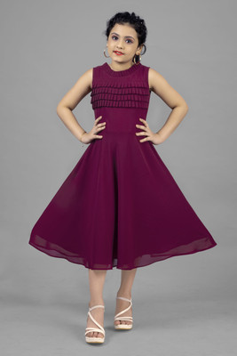Mirrow Trade Girls Calf Length Casual Dress(Maroon, Sleeveless)