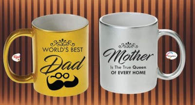 KGN Dad & Mother 2 Set Silver and Goldne Glass Coffee Mug(300 ml, Pack of 2)