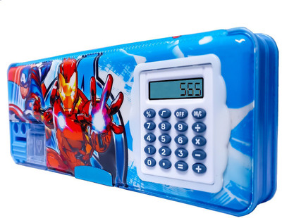 Captain America Sending Same Model Avenger Boys Stationery Box, Sharpener & Calculator, Magnetic Lock Geometry for Kids Art Plastic Pencil Box(Set of 1, Multicolor)