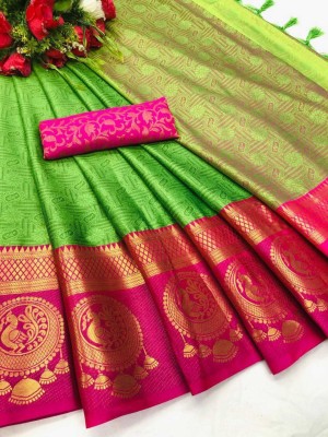 Fancy Fab Woven, Temple Border, Striped, Solid/Plain, Dyed, Checkered, Color Block, Ombre, Paisley Kovai Muslin, Cotton Silk Saree(Pink, Light Green)