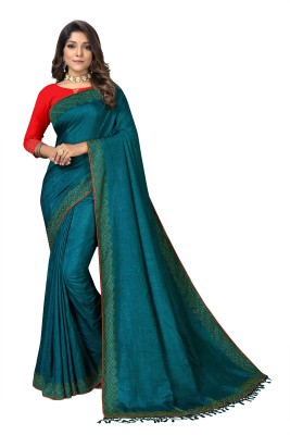 rudraCreation Embellished Chanderi Art Silk, Lace Saree(Dark Green)