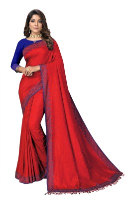 rudraCreation Embellished Chanderi Art Silk, Lace Saree(Red)