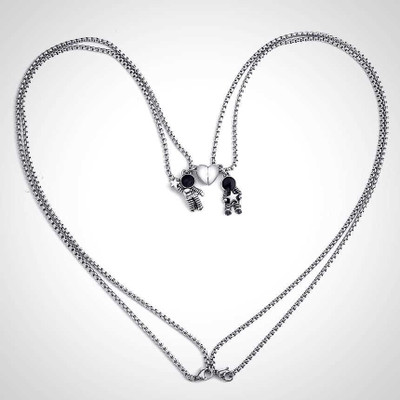 VIANSH Astronaut Couple Magnet Attraction Locket Silver Stainless Steel Pendant Brass Locket Set
