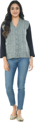 manra Woven V Neck Casual Women Grey Sweater