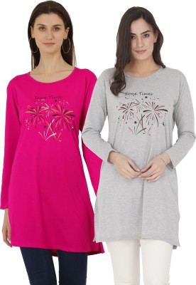 RRAVAYKI Printed Women Round Neck Pink, Grey T-Shirt