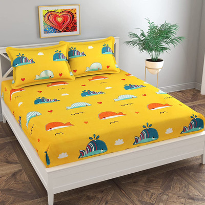 Dahlia 200 TC Polycotton Double Printed Fitted (Elastic) Bedsheet(Pack of 1, Yellow fish)