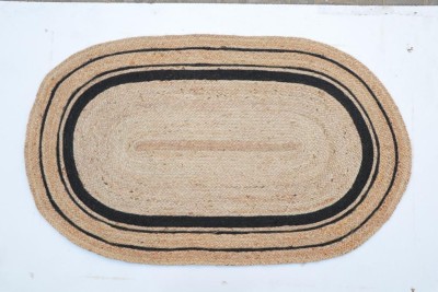 RAMAN TEXTILES Beige, Black Jute Carpet(4 ft,  X 6 ft, Oval)