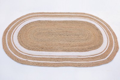 RAMAN TEXTILES Beige, White Jute Carpet(3 ft,  X 5 ft, Oval)