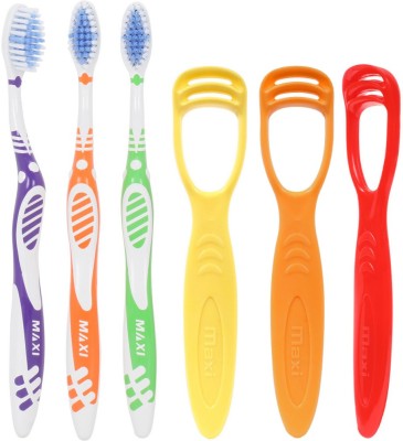 Maxi Oral Care Family Pack of 6-(3 Adults) Sensitive+ Toothbrush & (3 TC) 1 Number Tongue Cleaner(6 Items in the set)