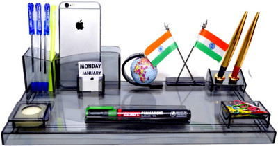 Ganesh 8 Compartments Acrylic Pen Stand,Pencil Stand For Office Desk/Study Table And (Free 2 Golden Pen)(Smoke Black)