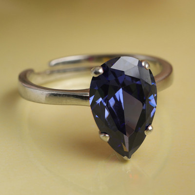 CLARA Royal Blue Tear Adjustable Ring Sterling Silver Cubic Zirconia Rhodium Plated Ring