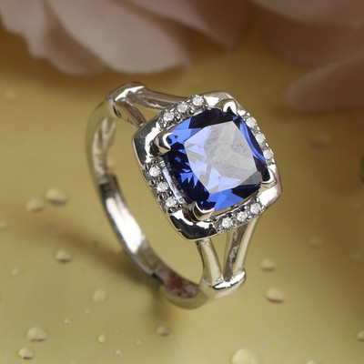 CLARA Royal Blue Cushion Adjustable Ring Sterling Silver Cubic Zirconia Rhodium Plated Ring