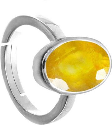 Chopra Gems A+ Quality Natural Yellow Sapphire Pukhraj Gemstone Ring for Women's/Men's Brass Sapphire Silver Plated Ring