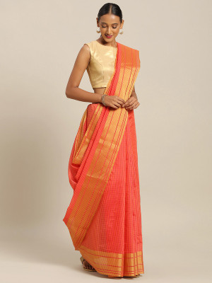 Samai Checkered Assam Silk Art Silk Saree(Orange)