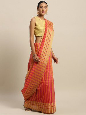 Samai Checkered Assam Silk Art Silk Saree(Orange)