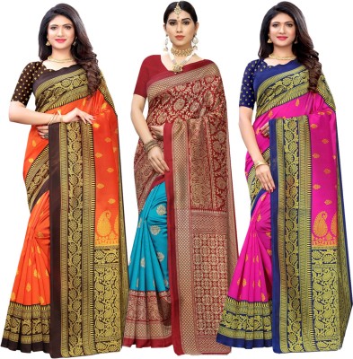 Samah Floral Print, Striped, Printed Banarasi Cotton Silk Saree(Pack of 3, Orange,...